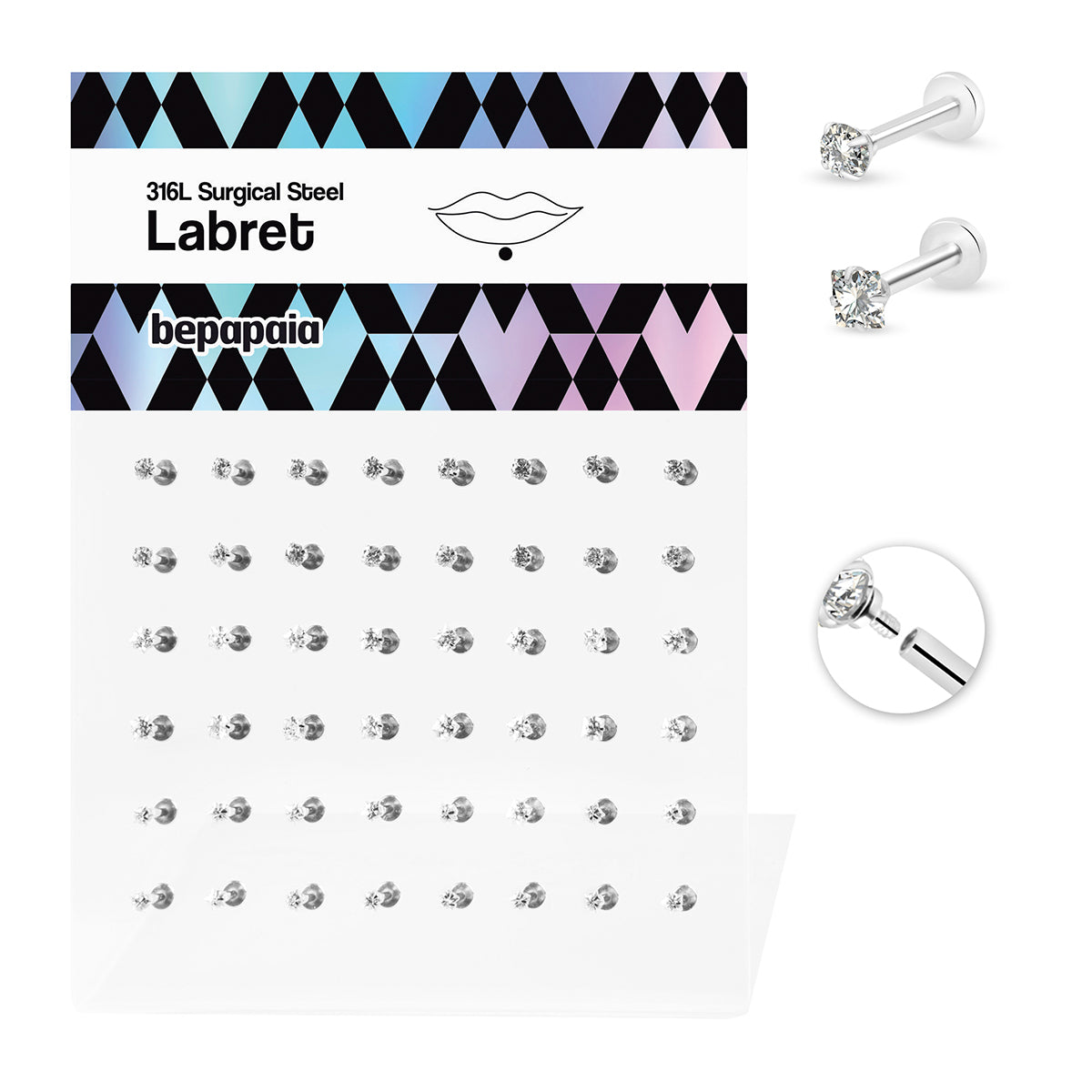 Labret with prong set cubic zirconia mixed shapes