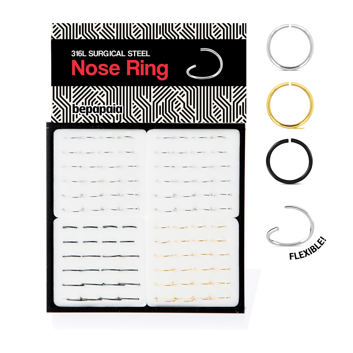 Flexible steel nose ring in 3 colors. Sizes 0.8x6, 8, 10mm
