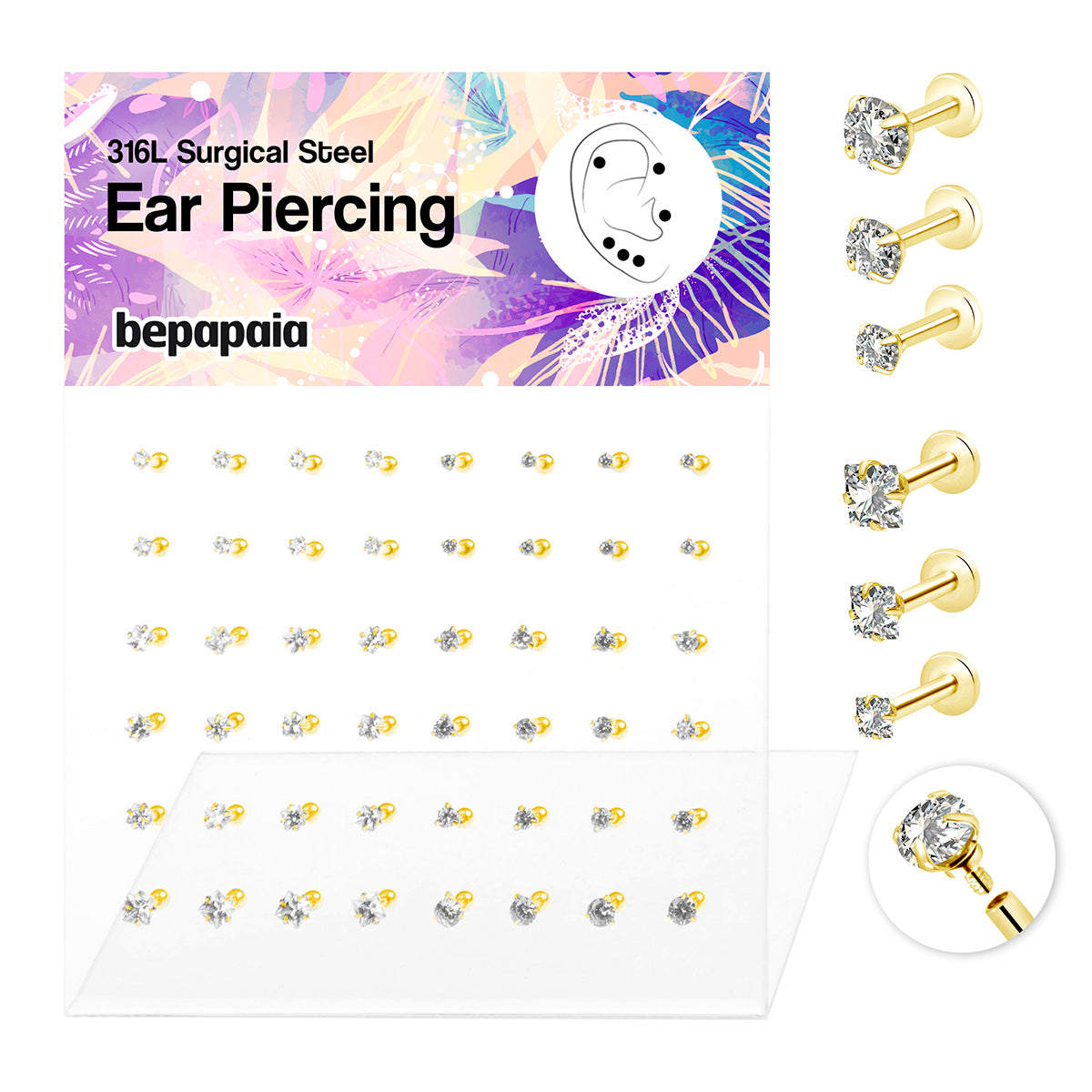 Piercing per l'orecchio in oro con zirconi
