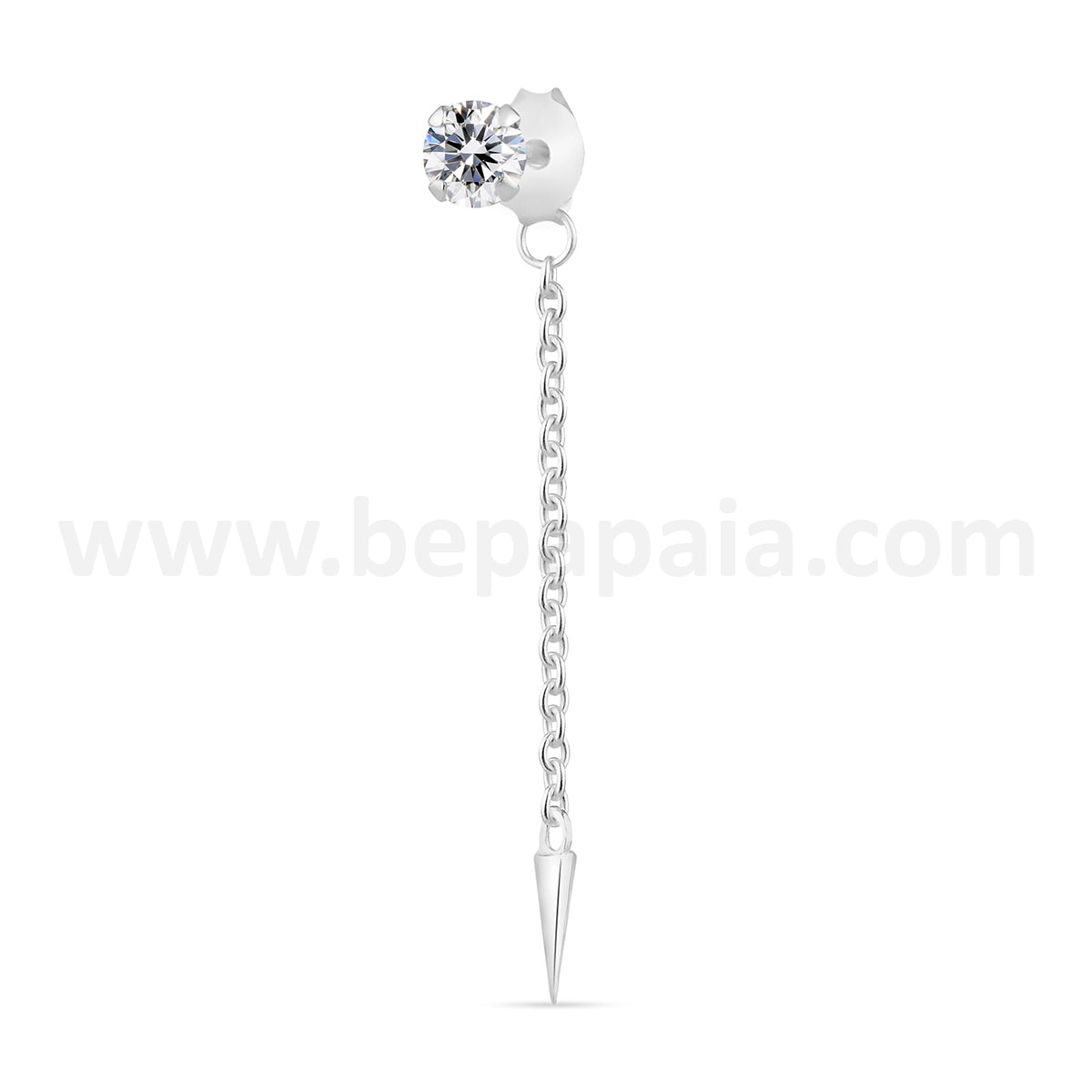 Silver ear stud with cubic zirconia, chain and spike