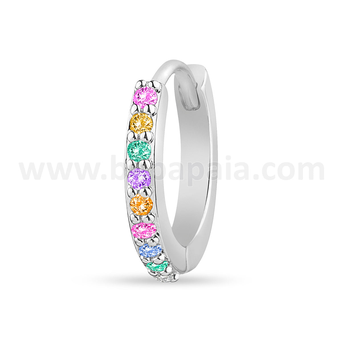 Huggie hoop earring with multi coloured gems