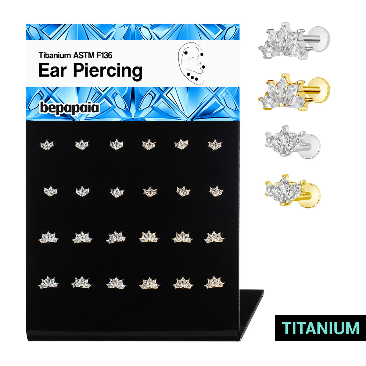 Piercing de oreja de Titanio con 3 y 5 brillantes corte cometa