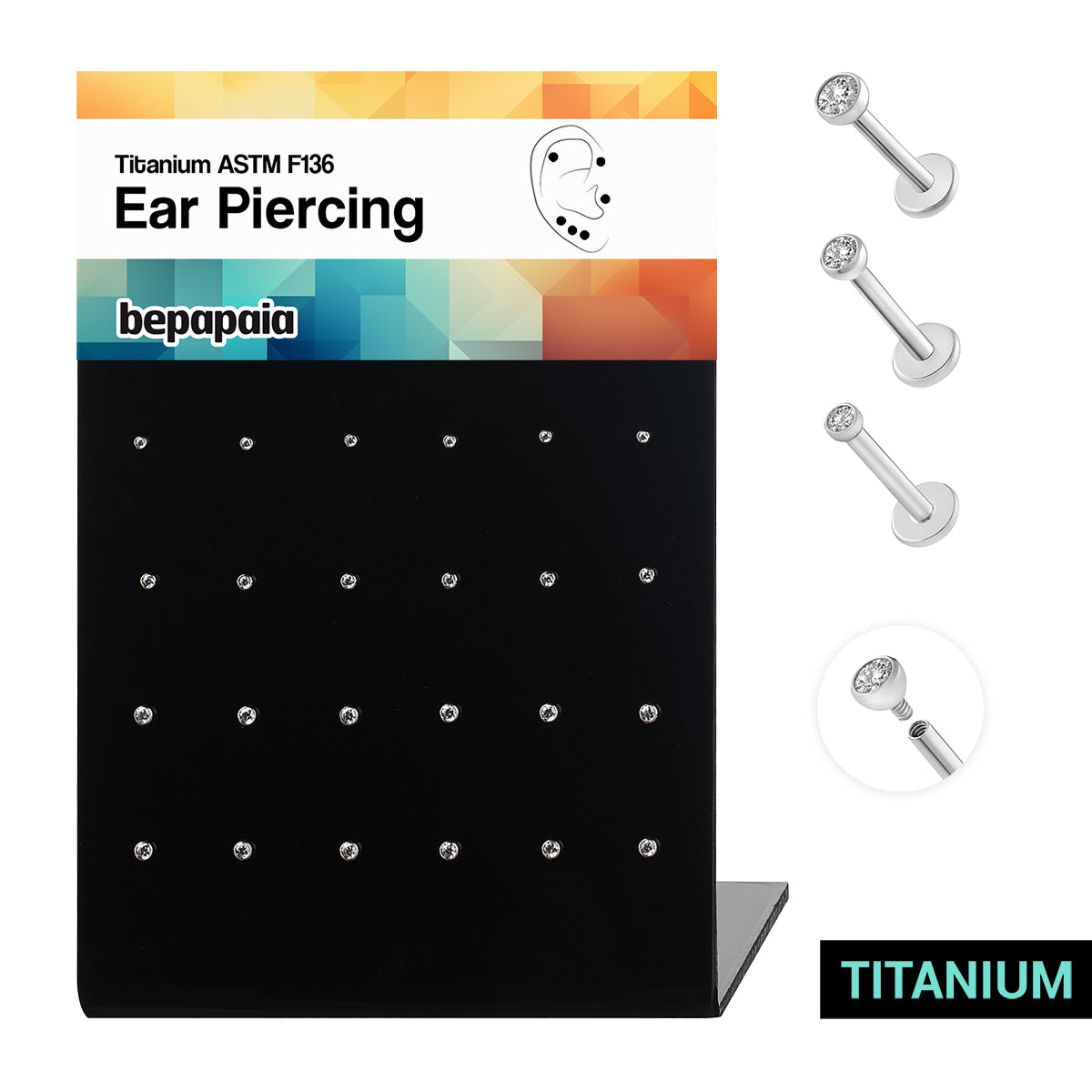 Piercing all'orecchio in titanio con zircone piatto