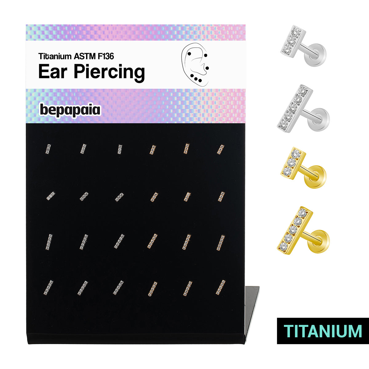 Piercing de oreja de titanio con barrita de brillantes