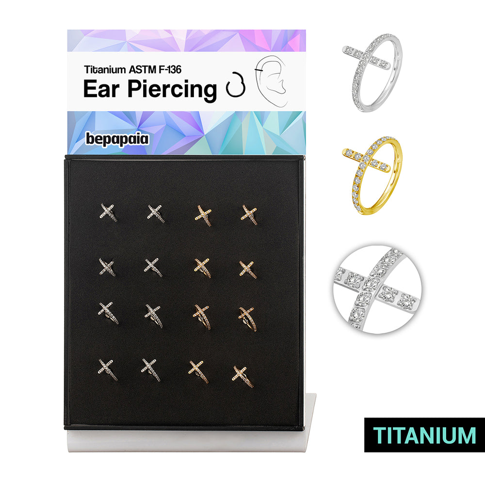 Hoop earring Titanium click with cross multibrillants