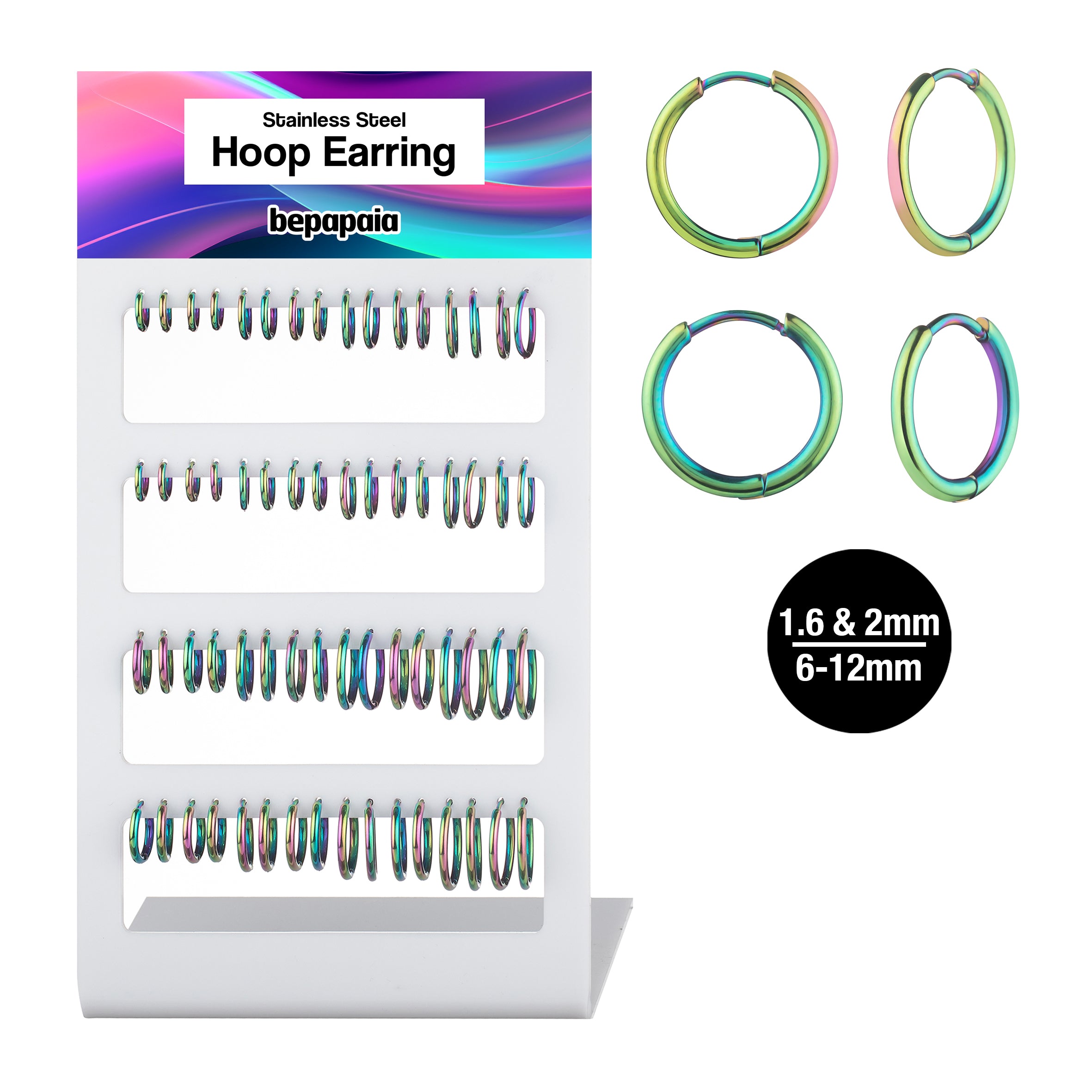 Rainbow steel hoop earring 1.6 & 2mm
