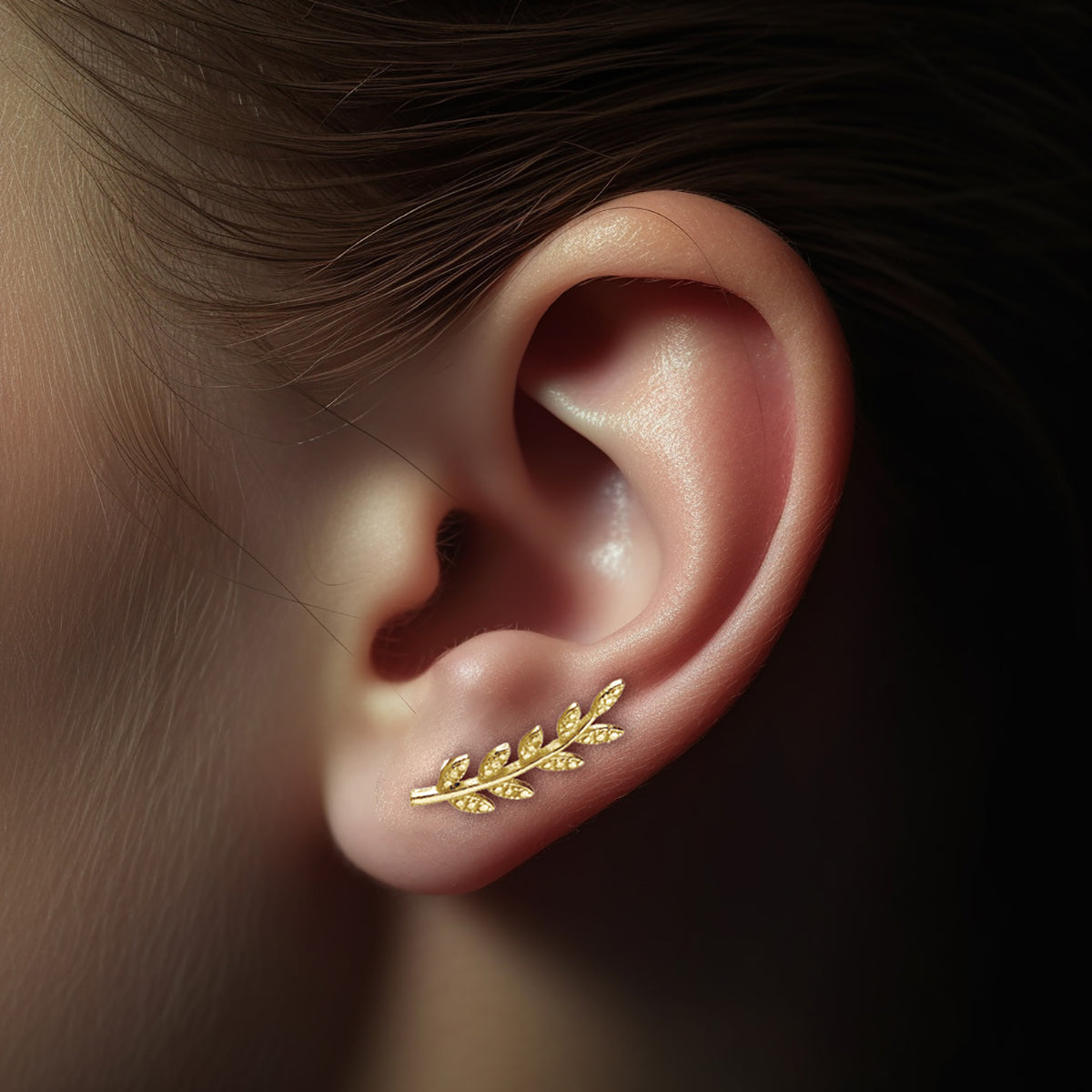 Orecchino ear pin in argento placcato oro Foglia di Ulivo