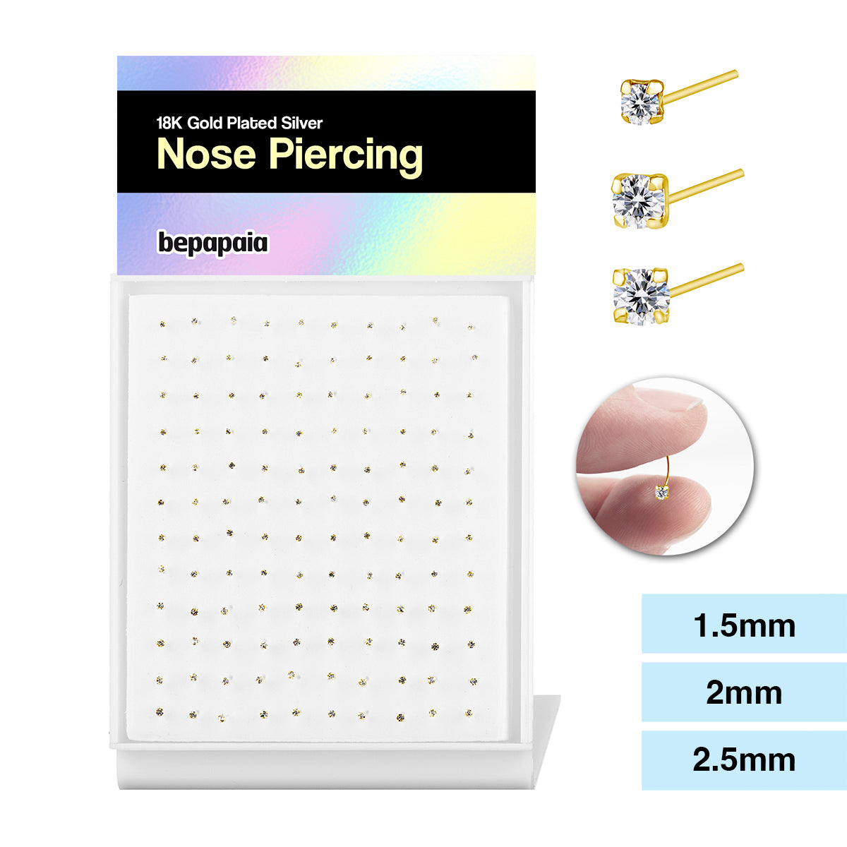 Gold plated silver nose stud with round cubic zirconia