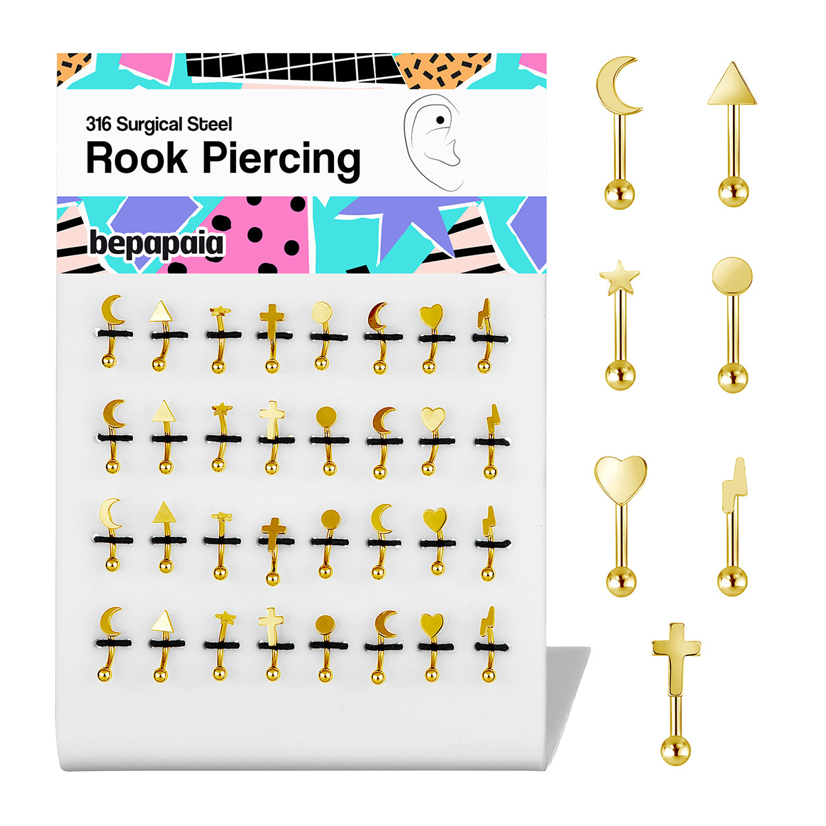 Piercing rook dorado diseños geométricos variados