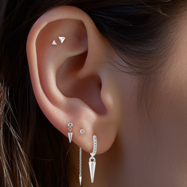 Steel Hoop Earring with Multi-Zircons and Spike