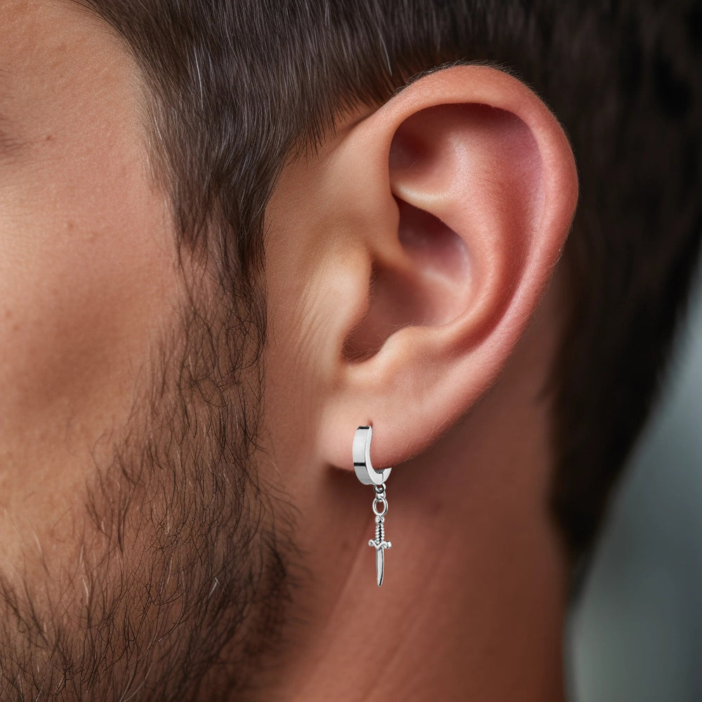 Huggie Hoop Earrings with Small Dagger