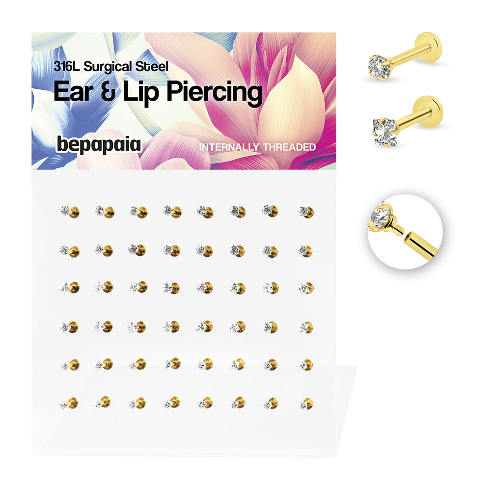 Gold steel labret with lock set stone