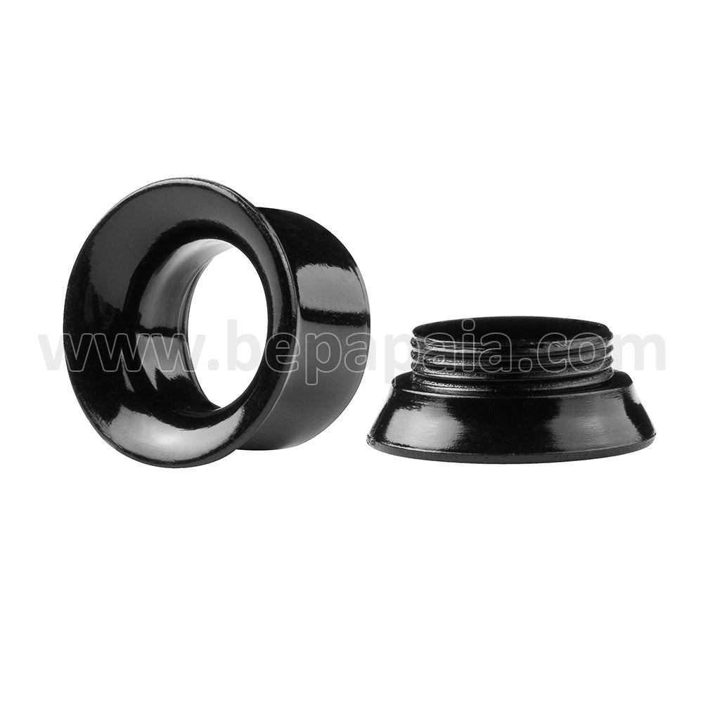 Acrylic tunnels with internal screw thread closure in black and white. 6-12 mm