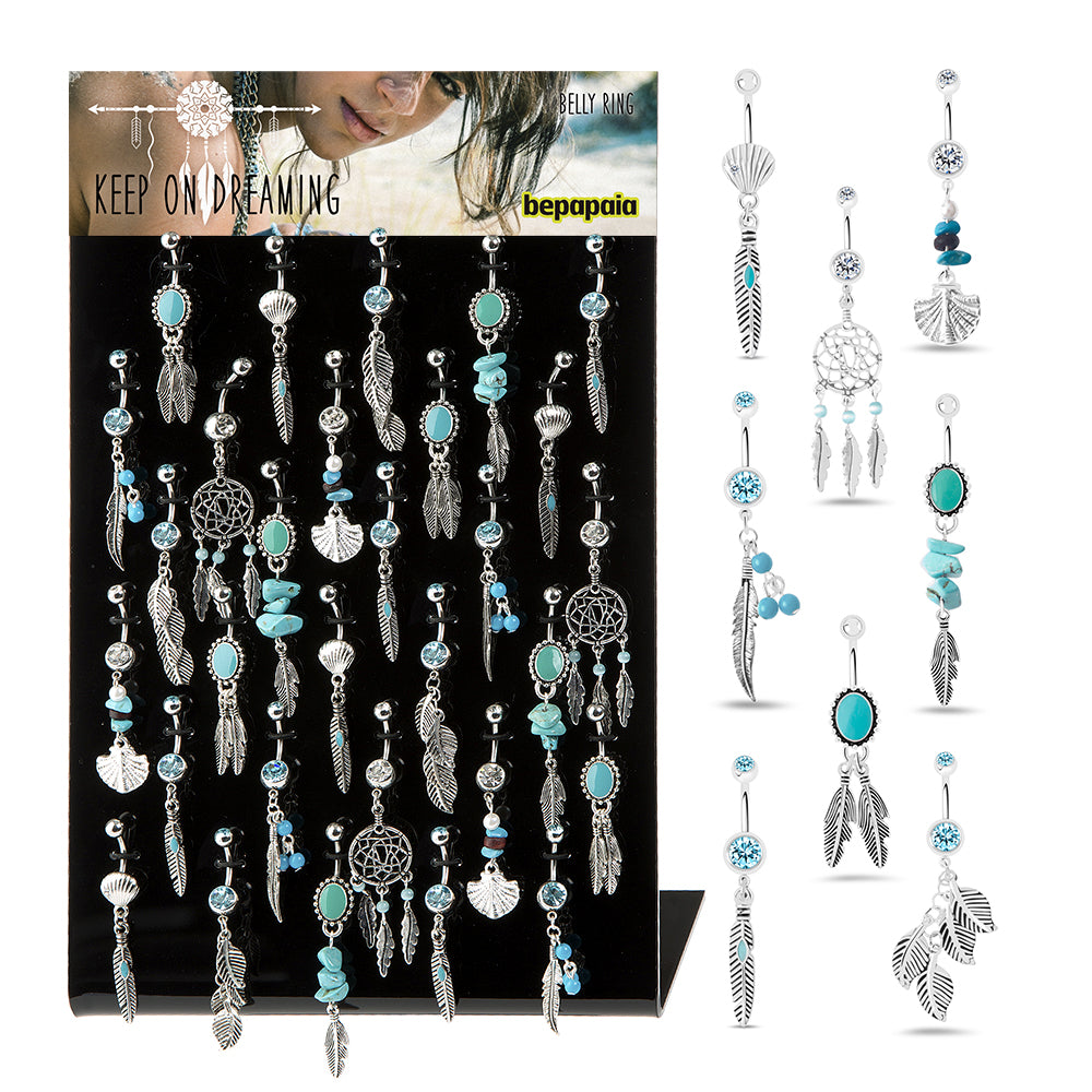 Surgical steel belly button piercing with a feather and turquoise stones