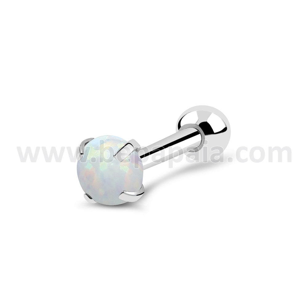 Tragus piercing with synthetic opal prong set
