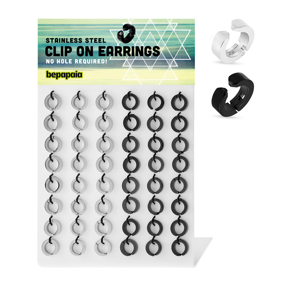 Black steel and steel fake hoop earrings round and square edge