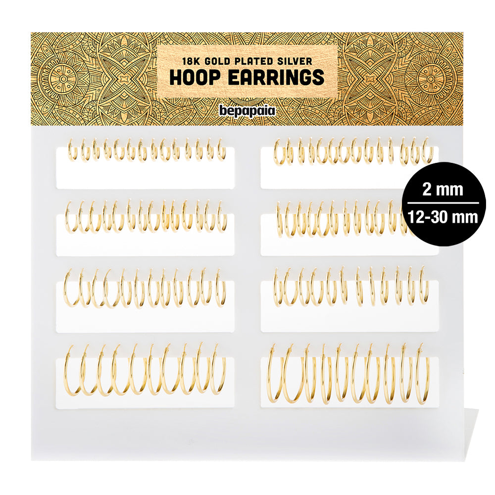 Gold plated silver hoop earring. 2x12mm - 30mm