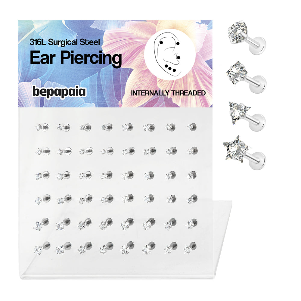 Surgical Steel tragus piercing with white cubic zirconia assorted shapes