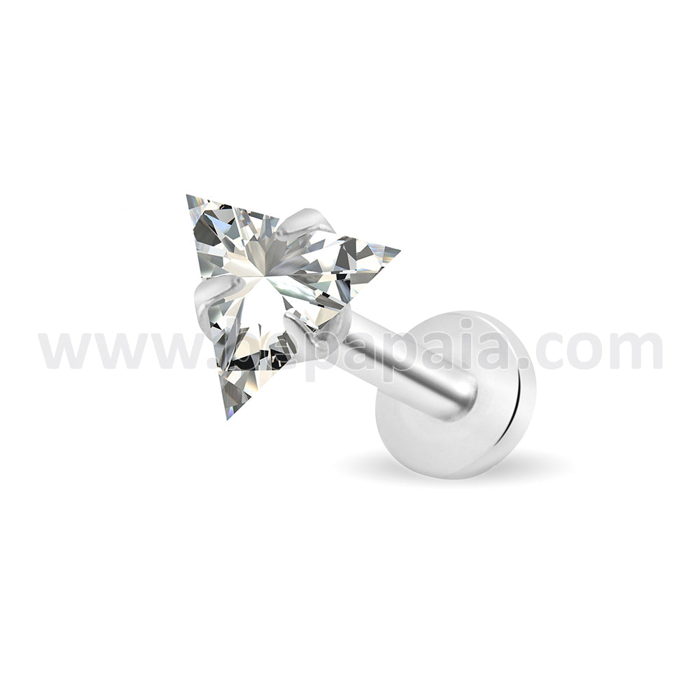 Steel tragus piercing with white triangle cubic zirconia