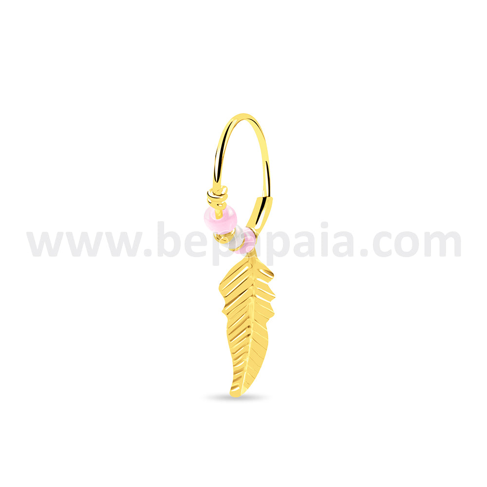 Gold plated silver hoop with feather and beads