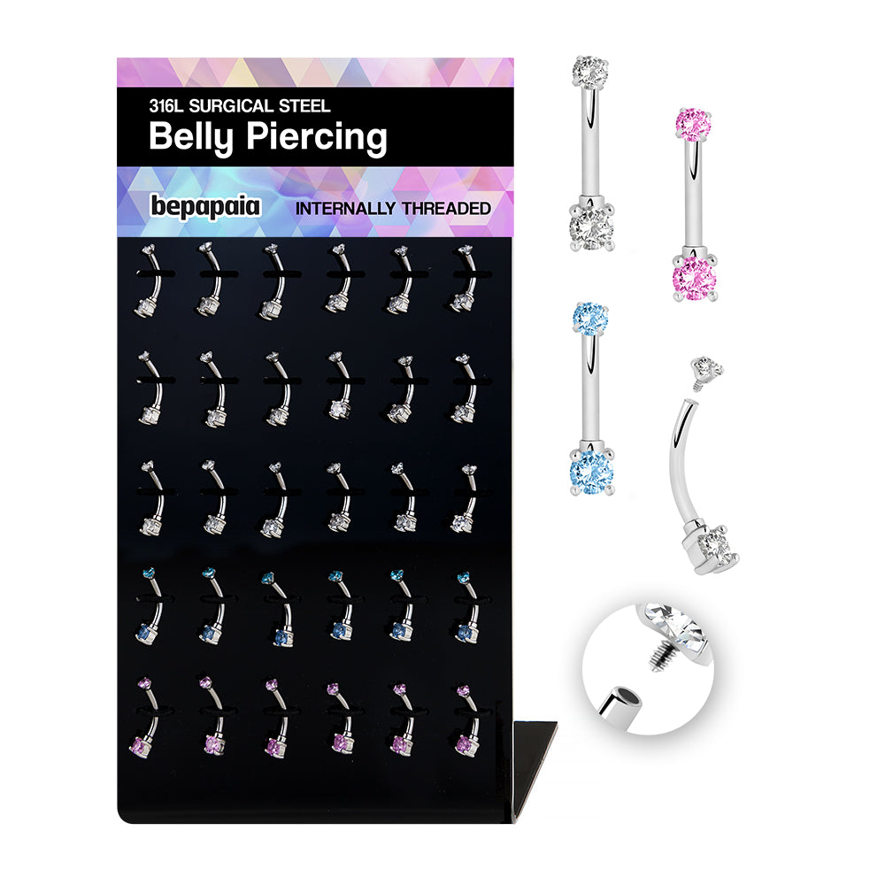 SURGICAL STEEL INTERNALLY THREADED BELLY RING DOUBLE CZ