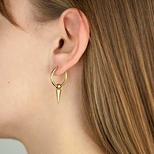 Gold steel hoop earrings with ball & cone