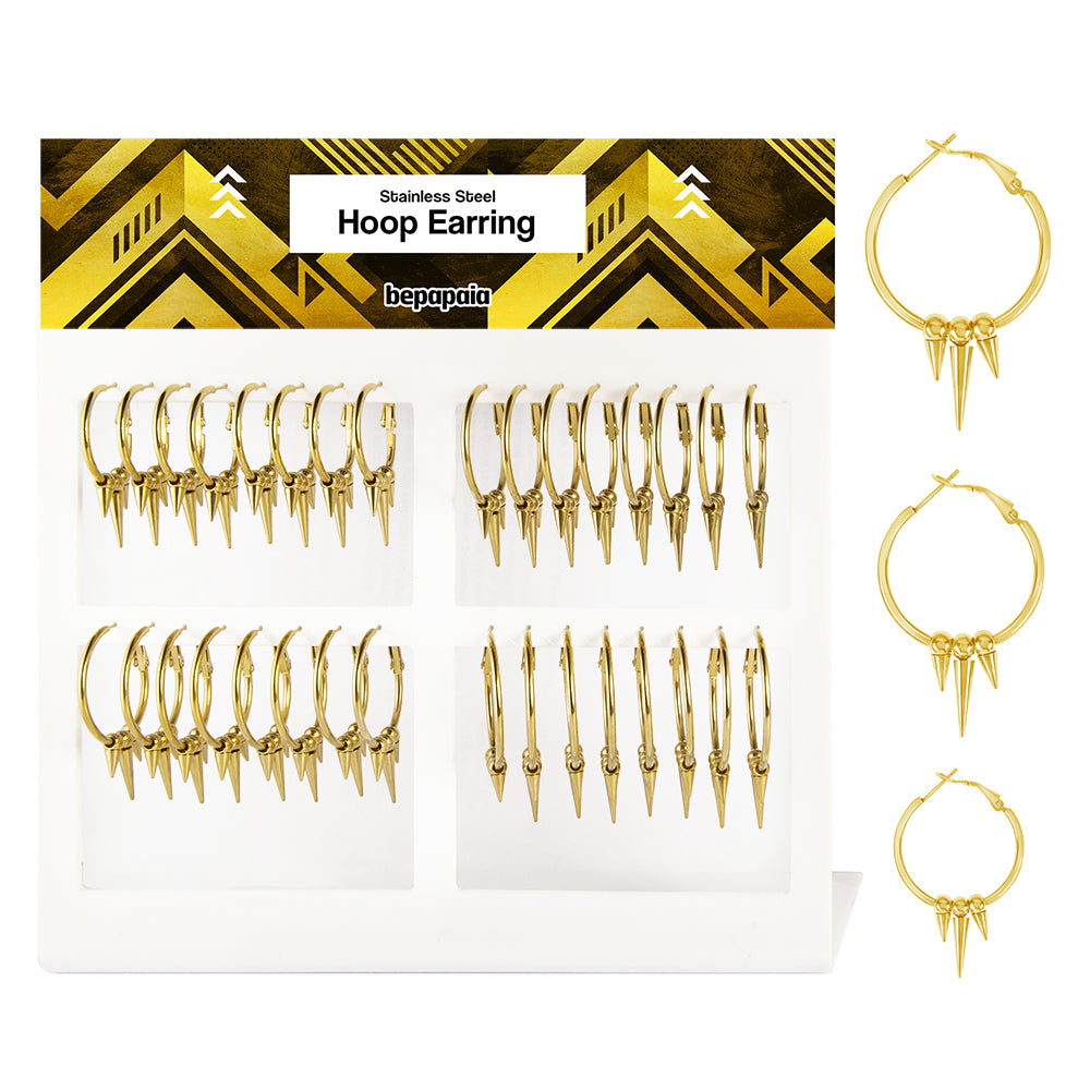 Gold steel hoop earrings with triple cone