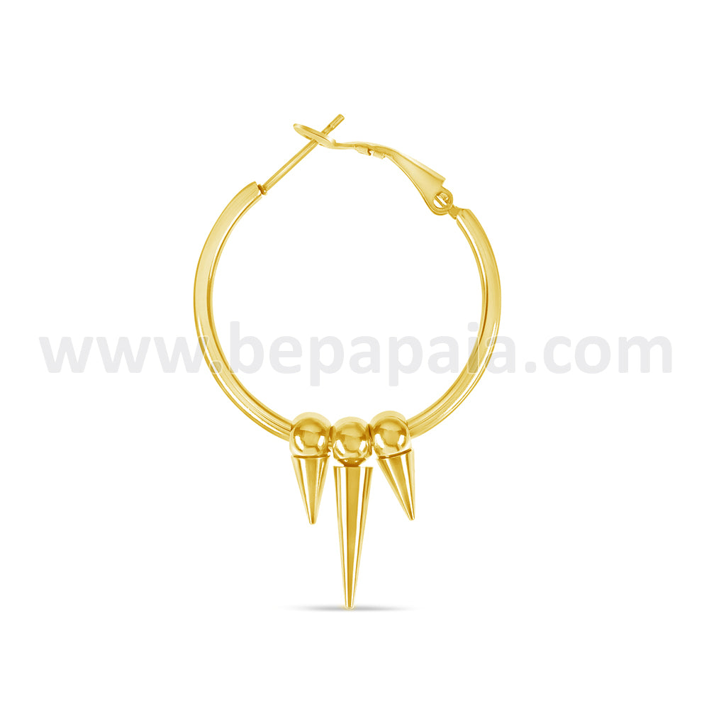 Gold steel hoop earrings with triple cone