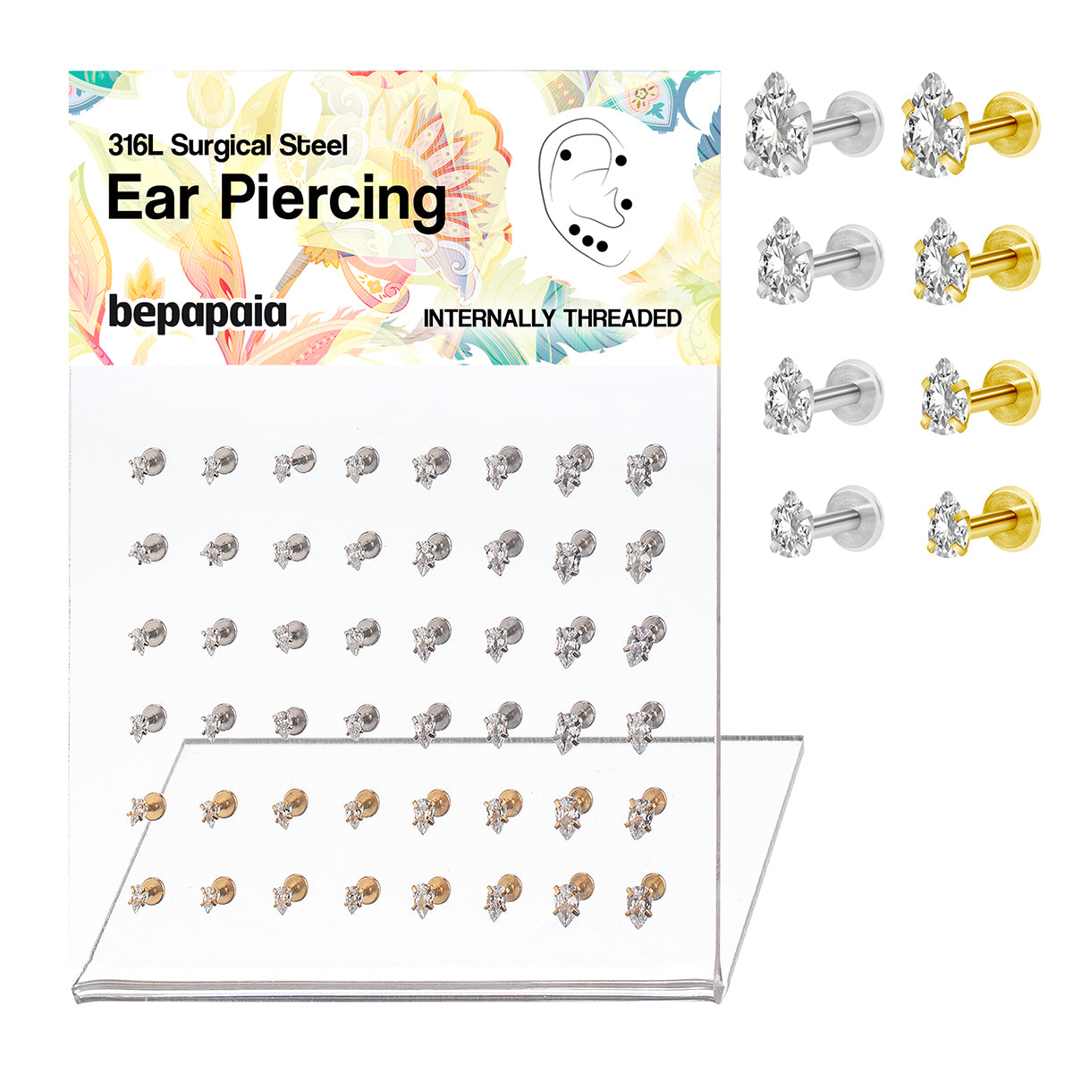 Surgical steel ear piercing with internally threaded tear drop cz