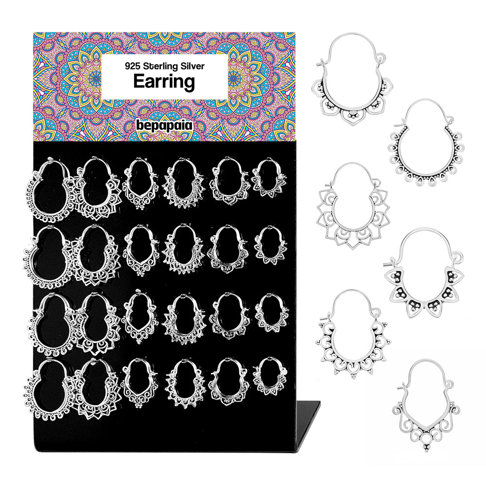 Silver small hoop earring tribal with filigree