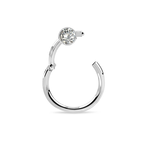 Surgical steel hinged segment ring with fixed flat gem