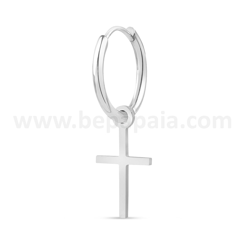 Steel hoop earring with small cross