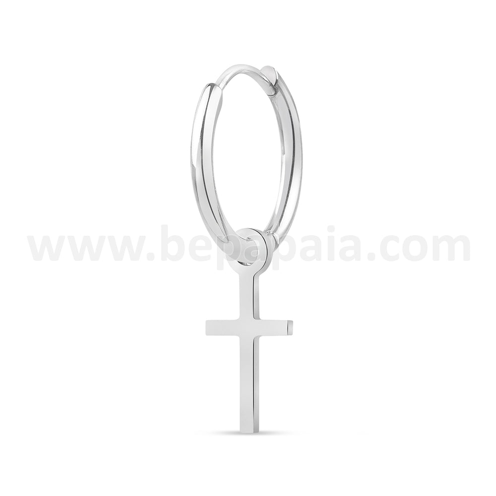 Steel hoop earring with small cross