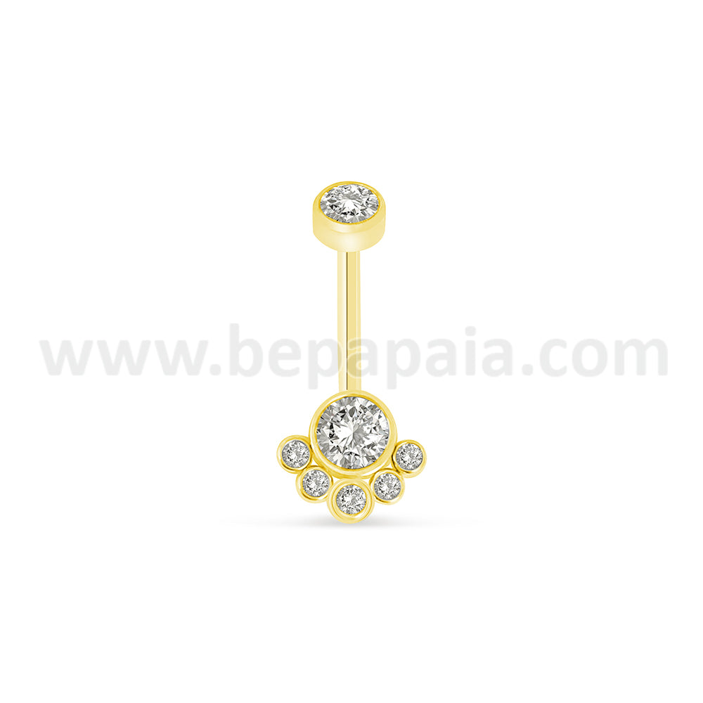 Gold steel internally threaded belly ring with clusters