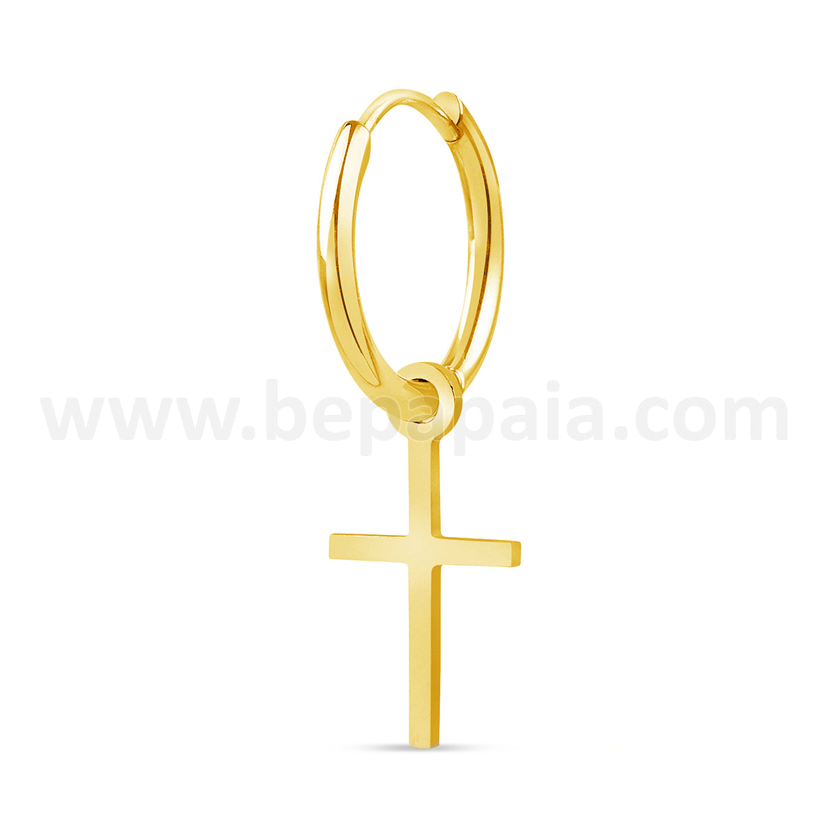 Gold steel hoop earring with small cross