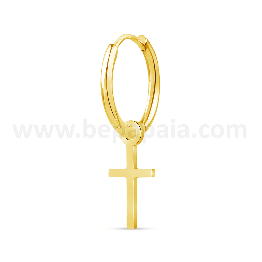 Gold steel hoop earring with small cross