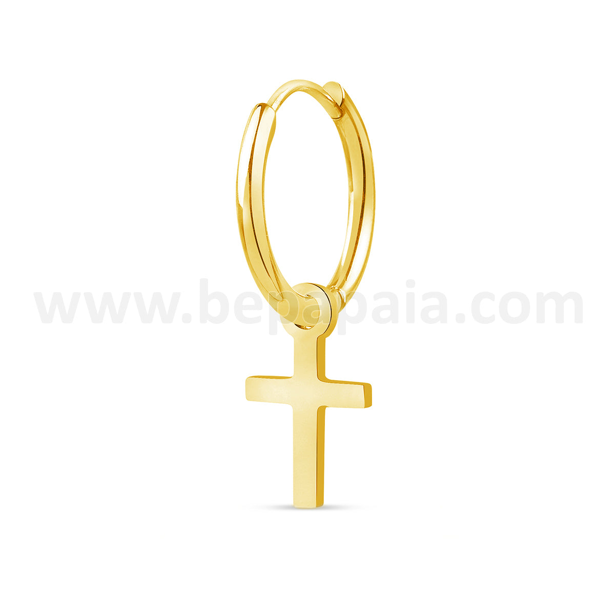 Gold steel hoop earring with small cross