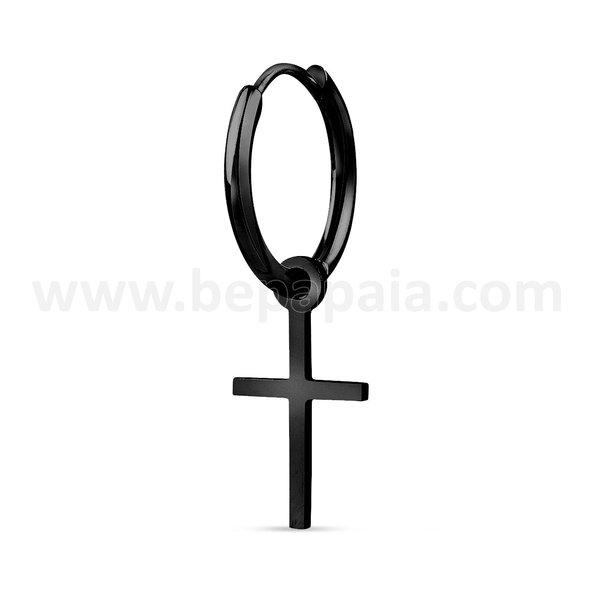 Black steel color hoop earring with small cross
