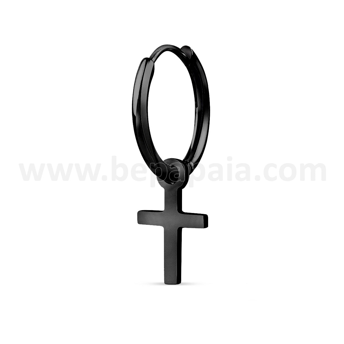 Black steel color hoop earring with small cross