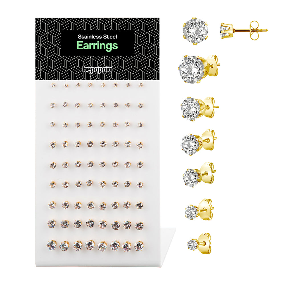 Gold steel ear stud with cubic zirconia