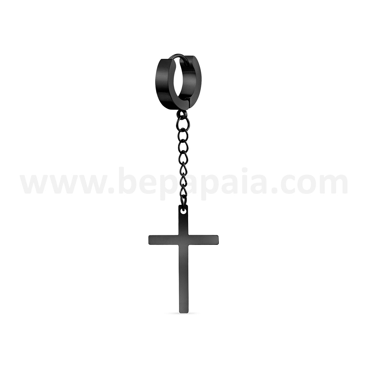 Steel huggie hoop earring with chain and big cross 