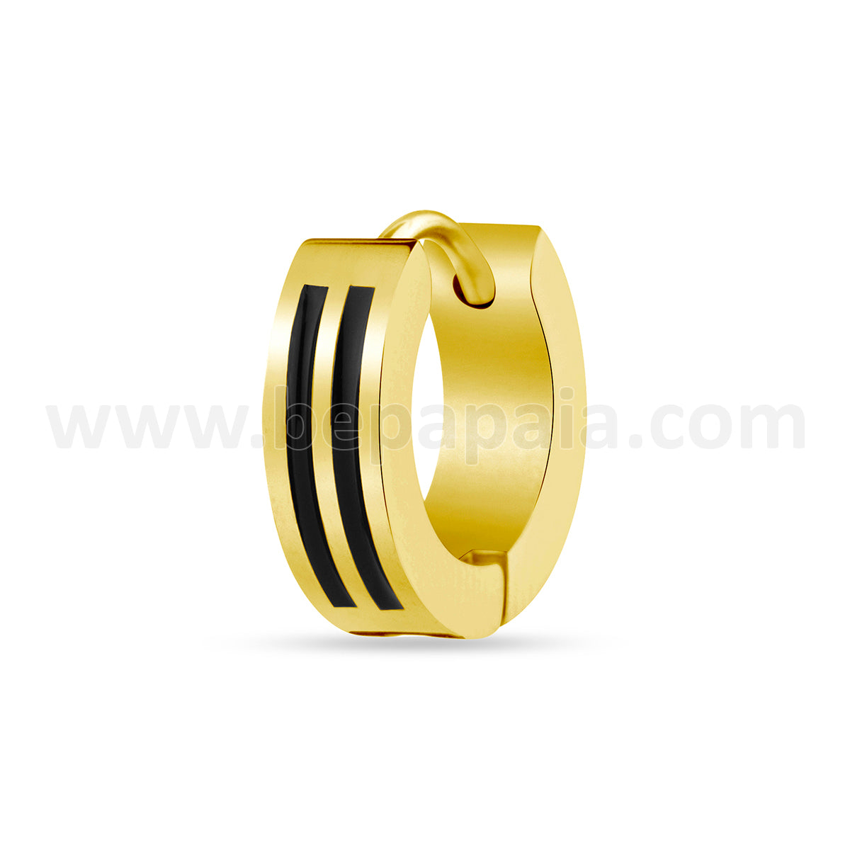 Gold steel huggie hoop earrings with black enamel