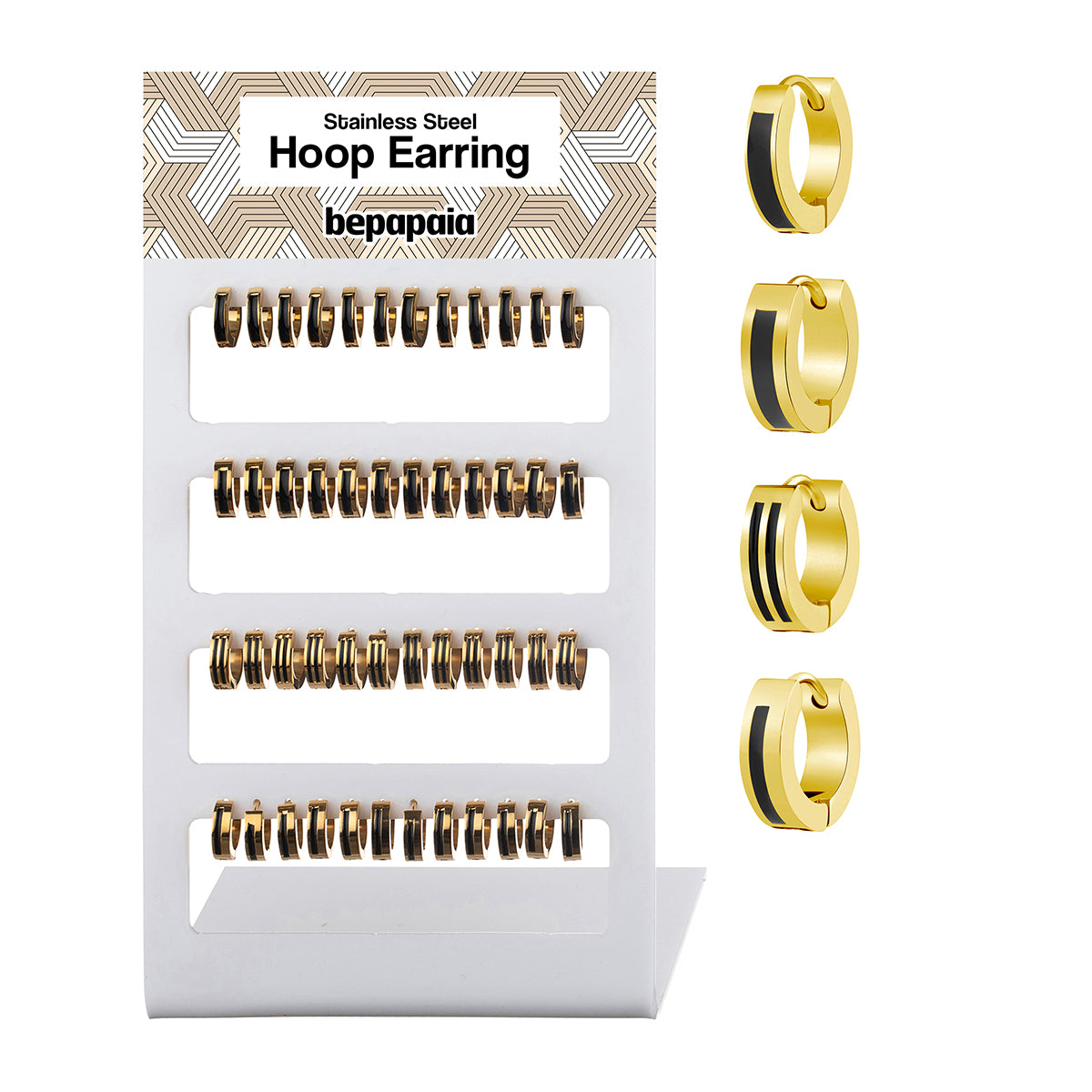 Gold steel huggie hoop earrings with black enamel