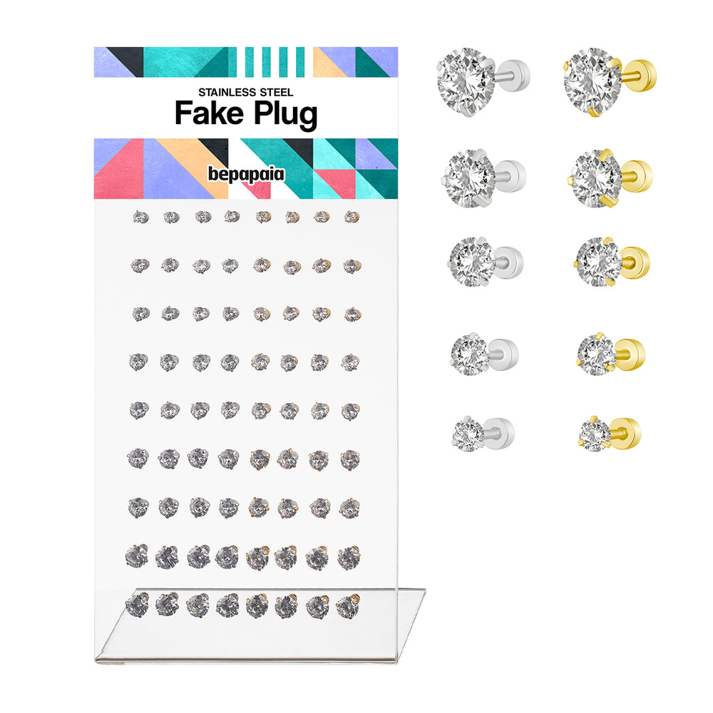 Fake plug with prong-set cubic zirconia