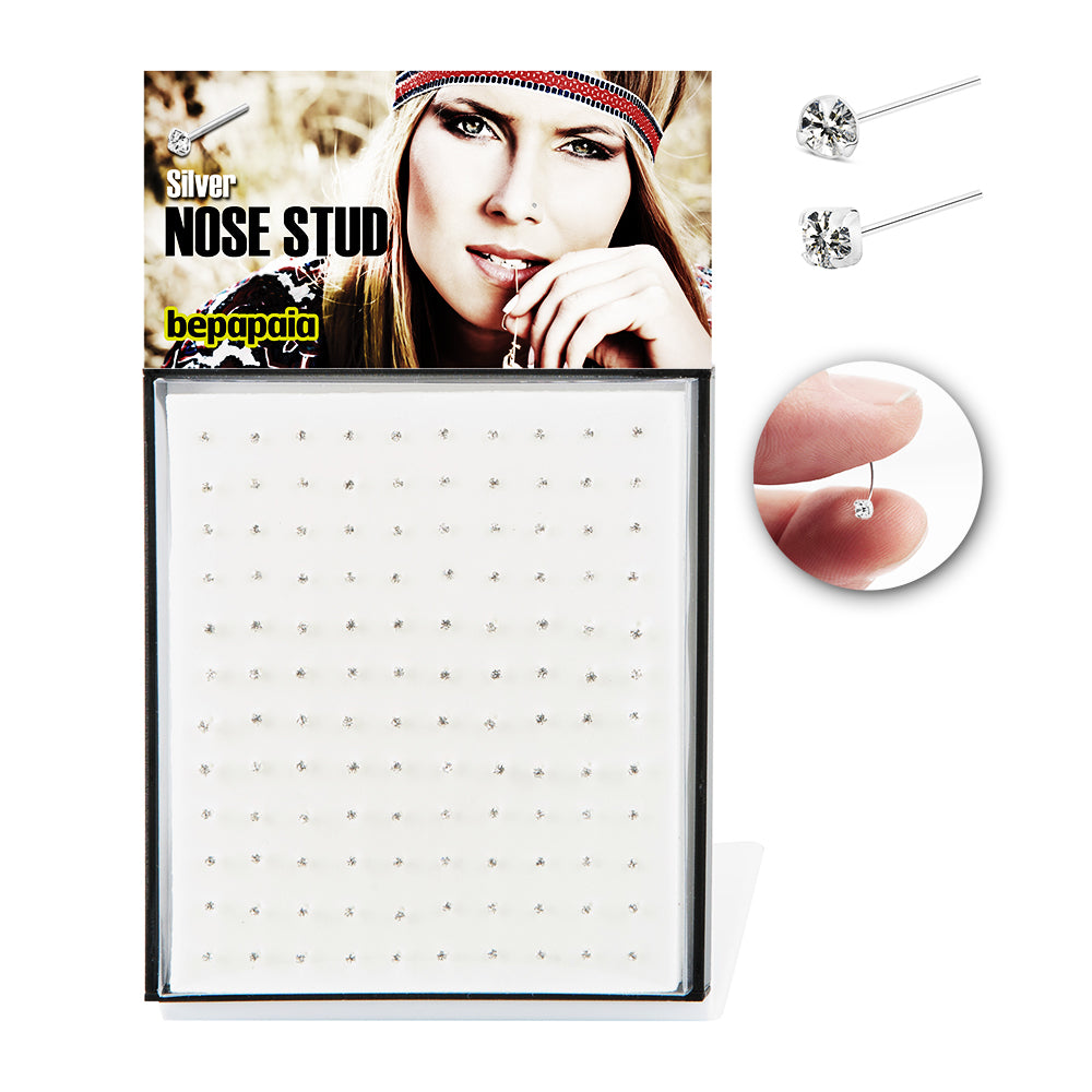 Easy to bend silver nose stud with white cubic zirconia mixed shapes