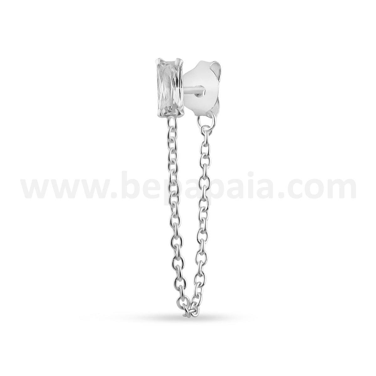 Silver ear stud with zircone and chain