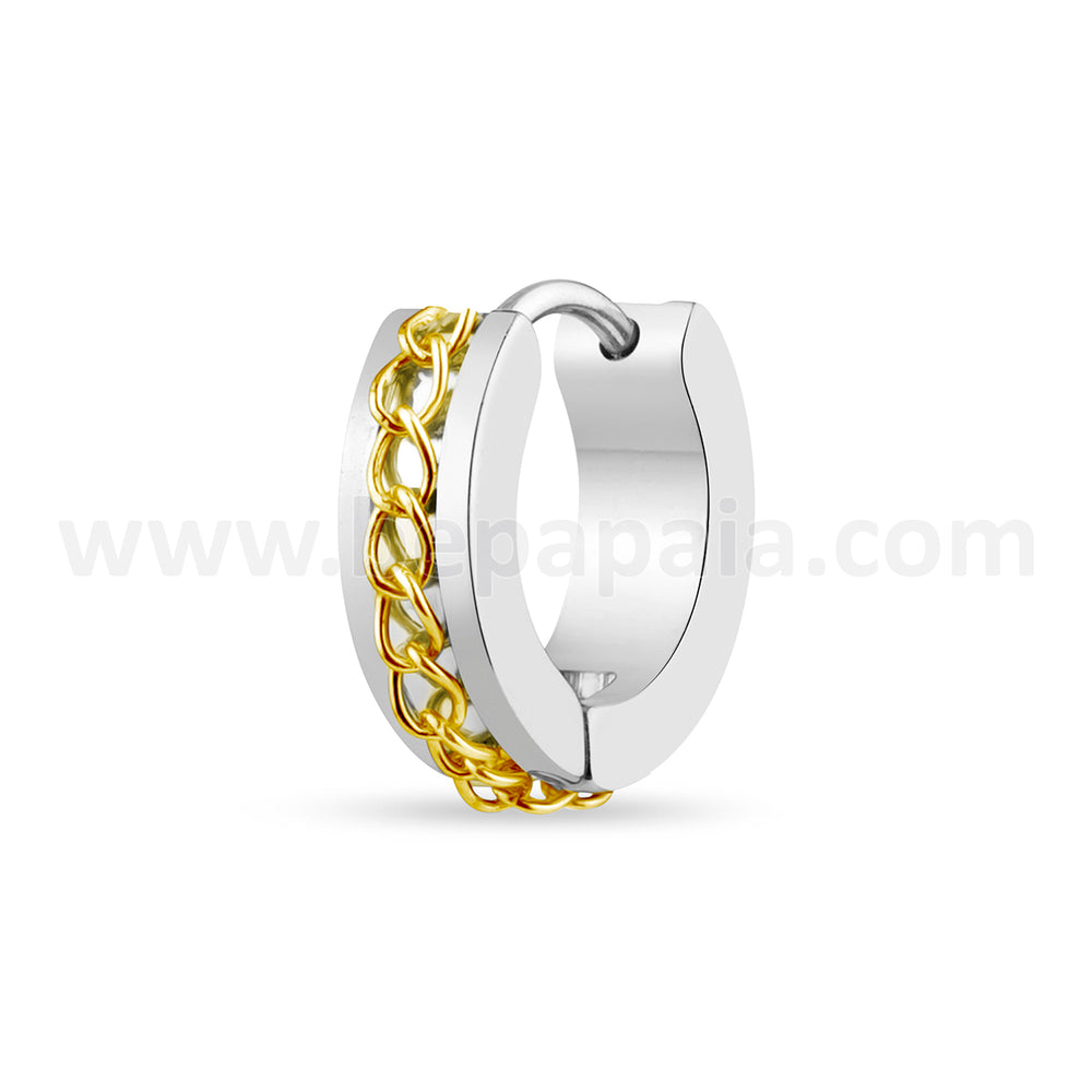 Gold Steel huggie hoop earring with chain