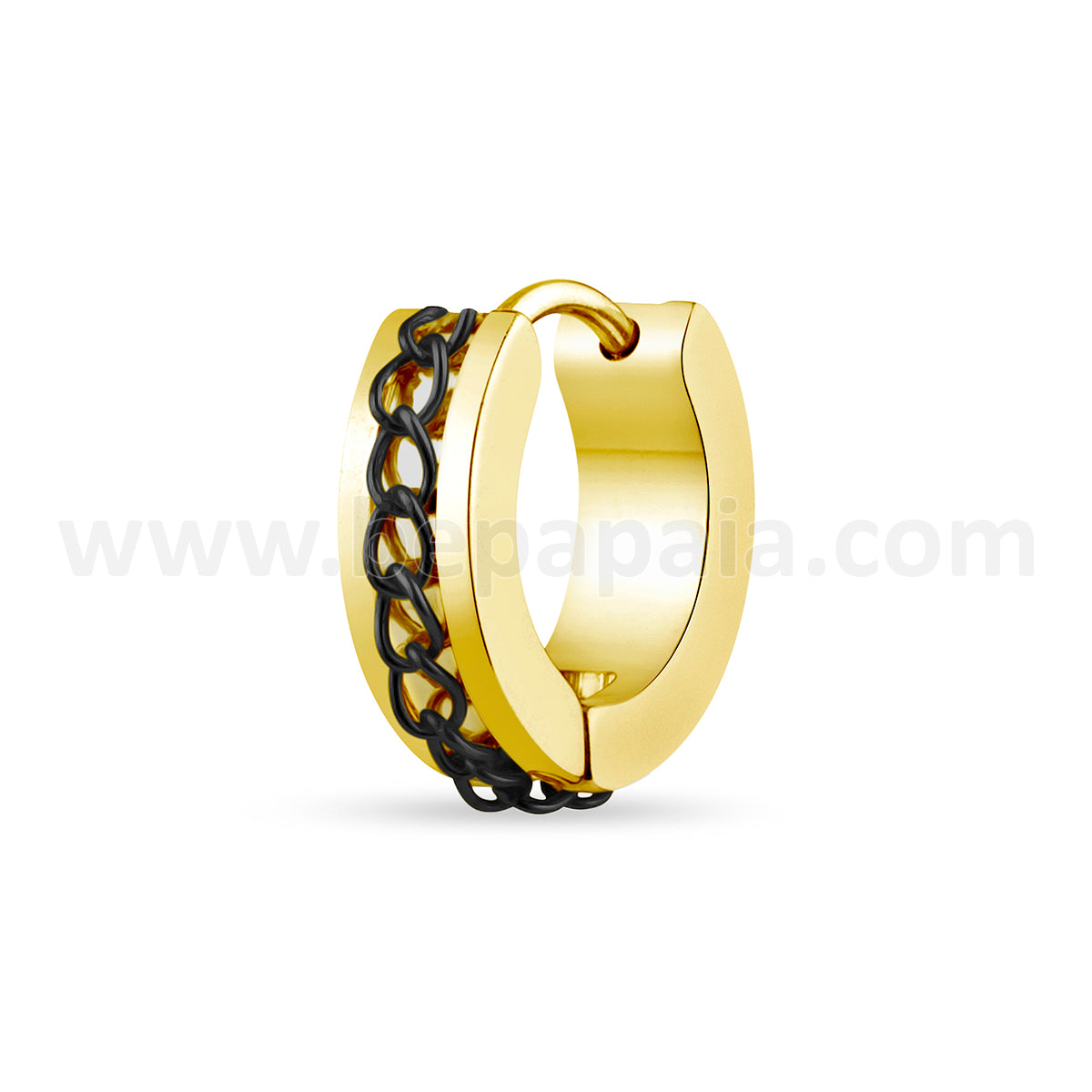 Gold Steel huggie hoop earring with chain