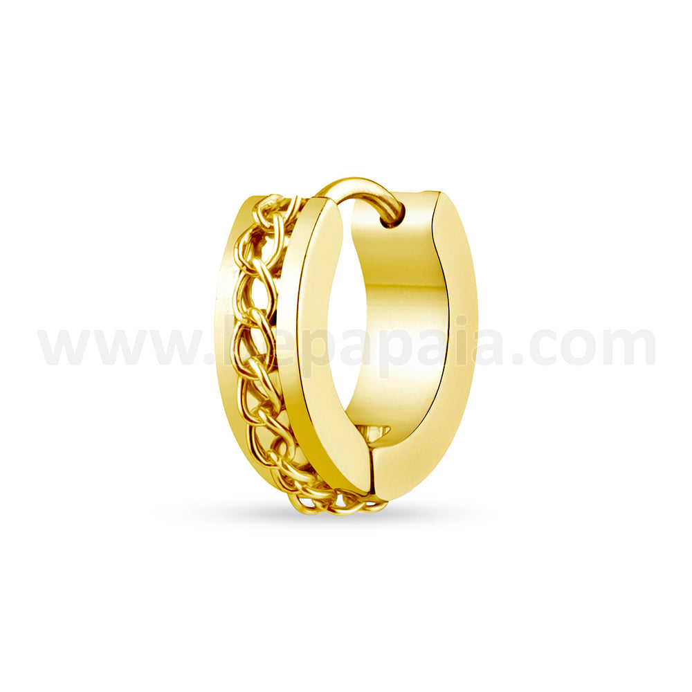 Gold Steel huggie hoop earring with chain