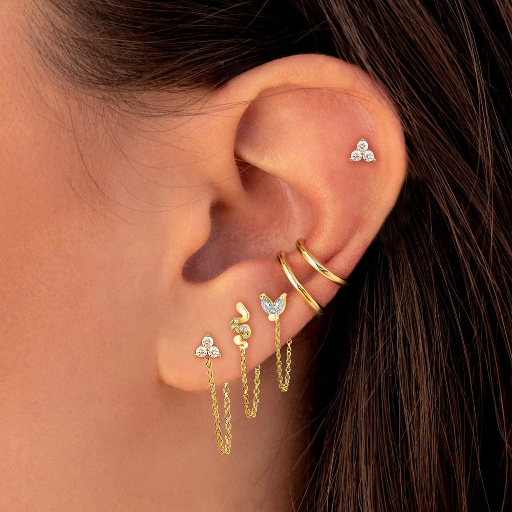 Gold plated Silver ear stud with mix zirconias and chain